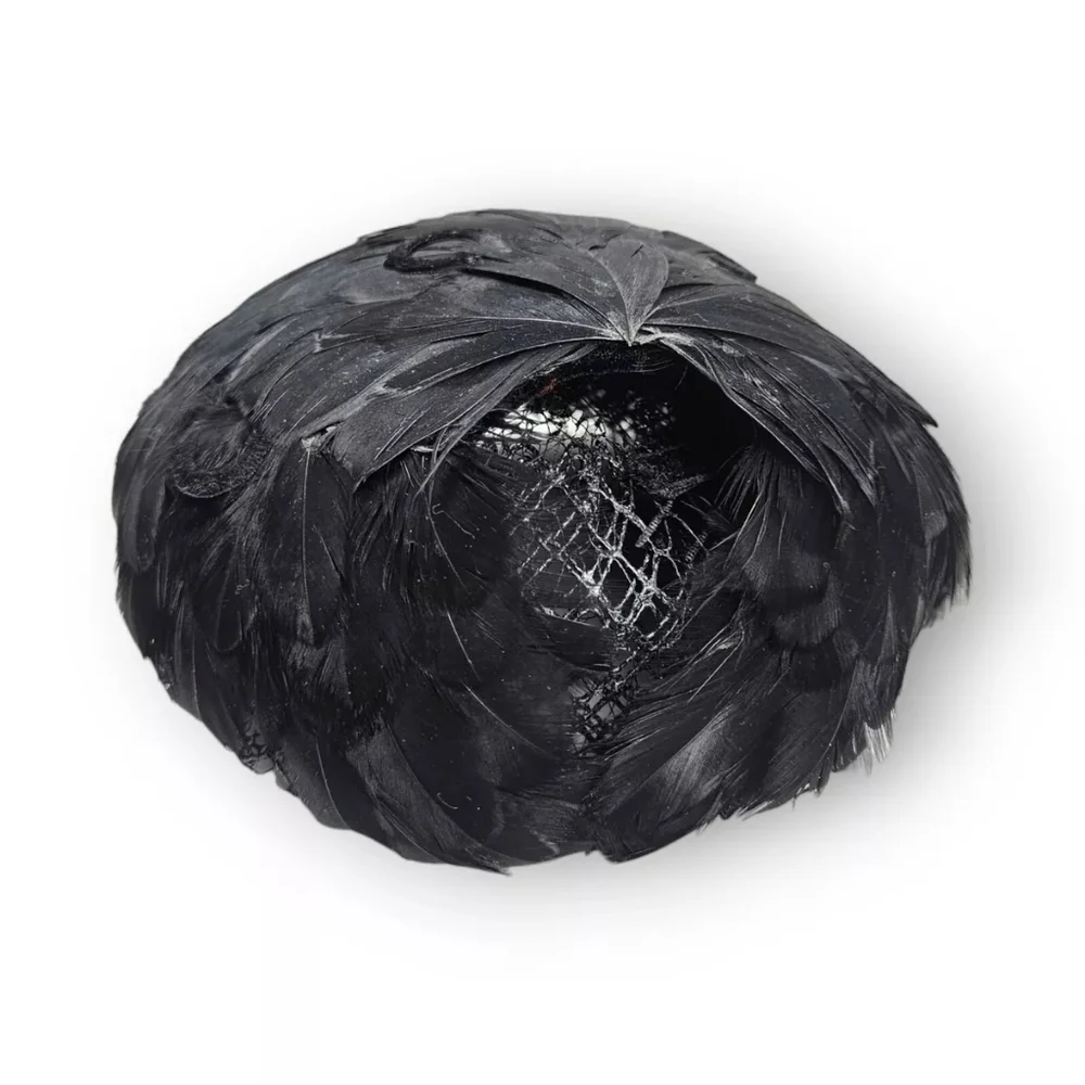 Vintage Feather Circle Cap Hat Black Whimsy Wig-Toque Netting Mid Century 50s - Picture 2 of 11